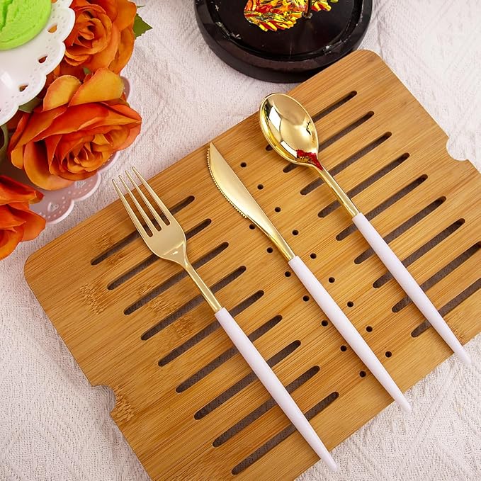 Rubtlamp 96 Pcs Gold Plastic Silverware, Gold Plastic Utensils with White Handle, Cutlery Set Disposable Includes: 32 Knives, 32 Plastic Spoons And 32 Forks for Wedding And Party