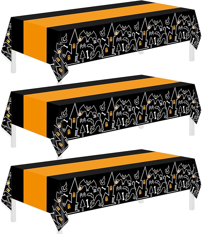 Childom 3 Pack Halloween Tablecloths,Disposable Plastic Tablecloths 54" x 108" Halloween Decorations,Plastic Table Cover for Birthday,Party Supplies,Holiday Table Cloth for Home,Dinner,Indoor,Outside