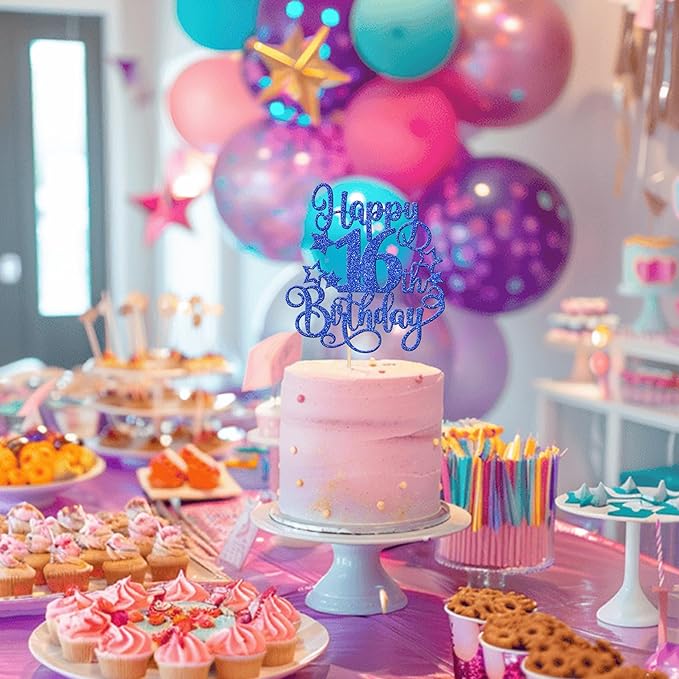 1 PCS Happy 16th Birthday Cake Topper Glitter Cheers to 16 Years Birthday Cake Pick Hello 16 Fabulous Cake Decoration for Happy 16th Birthday Anniversary Party Decorations Supplies Blue