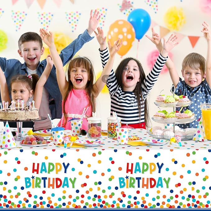 1 Pack Happy Birthday Plastic Tablecloth Decorations,Disposable Colorful Polka Dots Table Cloths,Rectangle Waterproof Table Cover for Girls Boys Birthday Baby Shower Party Decorations,54x108 Inch