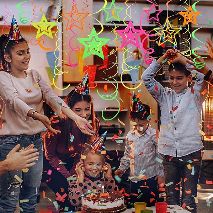 54 Pieces UV Hanging Swirl Paper Star Garlands Neon Streamers Glow Party Supplies and Decorations Black Light UV Reactive for Dark Glow Wedding Birthday Party Favors