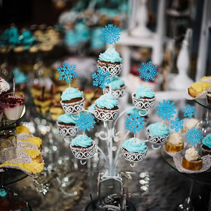 36Pcs Snowflake Cupcake Toppers Blue Glitter Snowflake Cake Toppers Frozen Cake Decorations for Baby Shower Winter Wonderland Christmas Party Cake Decoration Supplies