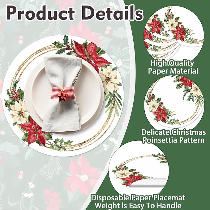 50 Pack Christmas Paper Placemats Disposable Poinsettia Place Mats 13.4 Inch Red Christmas Flower Decorative Round Table Mats for Xmas Winter Birthday Wedding Baby Shower Party Supplies