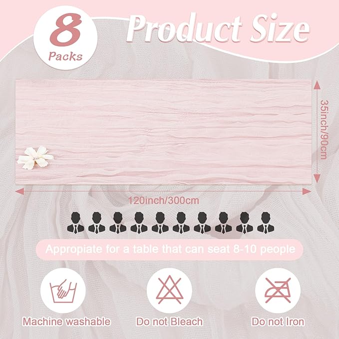 8 Pack Cheesecloth Table Runner Rustic Sheer Boho Gauze 35 x 120 Inch Centerpiece Cheese Cloth for Bridal Baby Shower Summer Spring Decorations Dusty Pink
