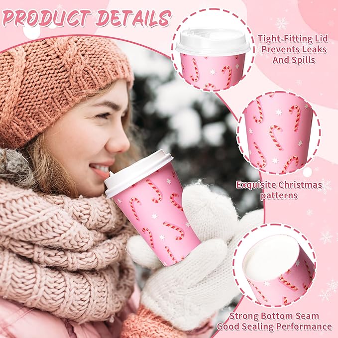 Yungyan 60 Sets Christmas Disposable Coffee Cups with Lids 12 oz Pink Xmas Paper Cups Hot Cocoa To-go Coffee Mug for Hot Cold Drinks Chocolate Tea Beverage Christmas Party Supplies