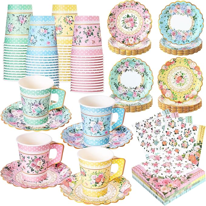 180 Pcs Floral Paper Tea Cups and Plates 9 OZ Disposable Paper TeaCups and Saucers with Tea Party Napkins Set for Tea Party Decoration Birthday Wedding Bridal Shower Party Supplies