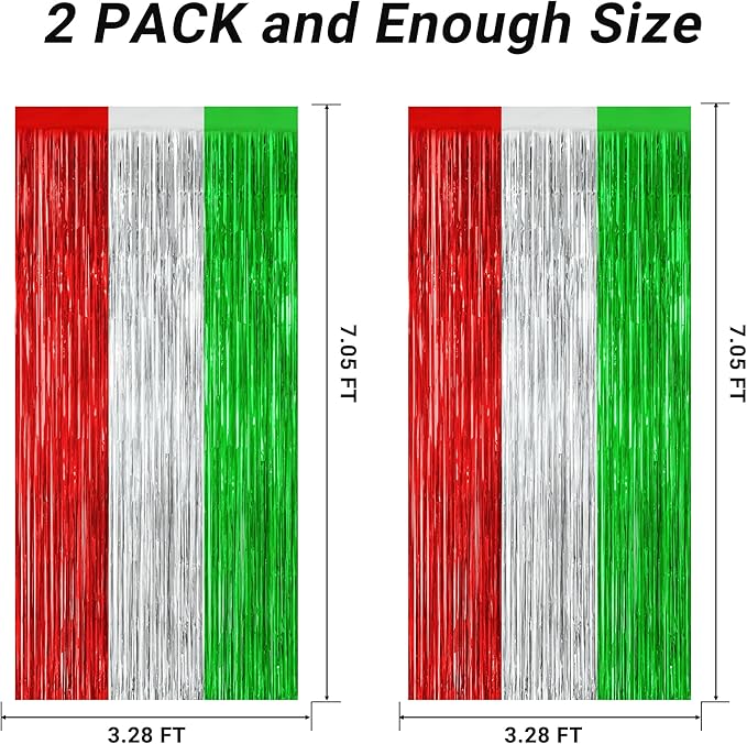 2 Pack Christmas Backdrop, 3.28 FT x 7.05 FT Red Silver Green Party Streamer, Metallic Xmas Backdrop Fringe Curtains Foil Tinsel, Christmas Decorations Wall Decor Photo Booth Props