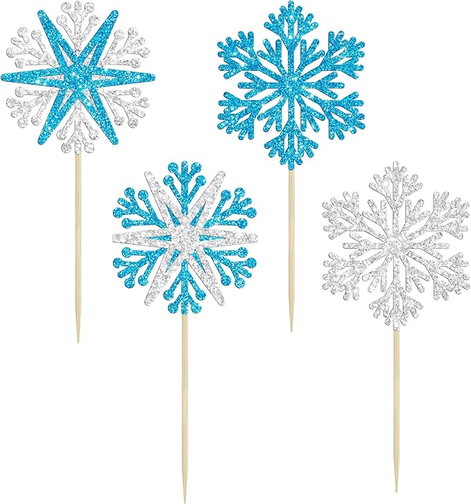 24Pcs Snowflake Cupcake Toppers Winter Frozen Winter Wonderland Cake Pick Decorations for Snowflake Theme Baby Shower Birthday Merry Christmas Party Supplies Blue