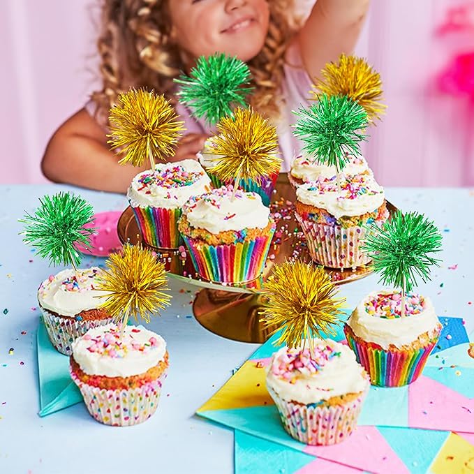 Gyufise 30Pcs Foil Firework Cupcake Toppers Sparkle Tinsel Cake Toppers Tinsel Drink Cake Decoration Cocktail Picks for Birthday Wedding Graduation Party Supplies Gold Green