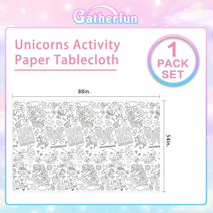 Gatherfun Magical Unicorn Birthday Party Supplies Color-in Disposable Paper Tablecloth | 54x88 in Rainbow Unicorn Party Decorations Set for Kids Birthday, School & Special Events