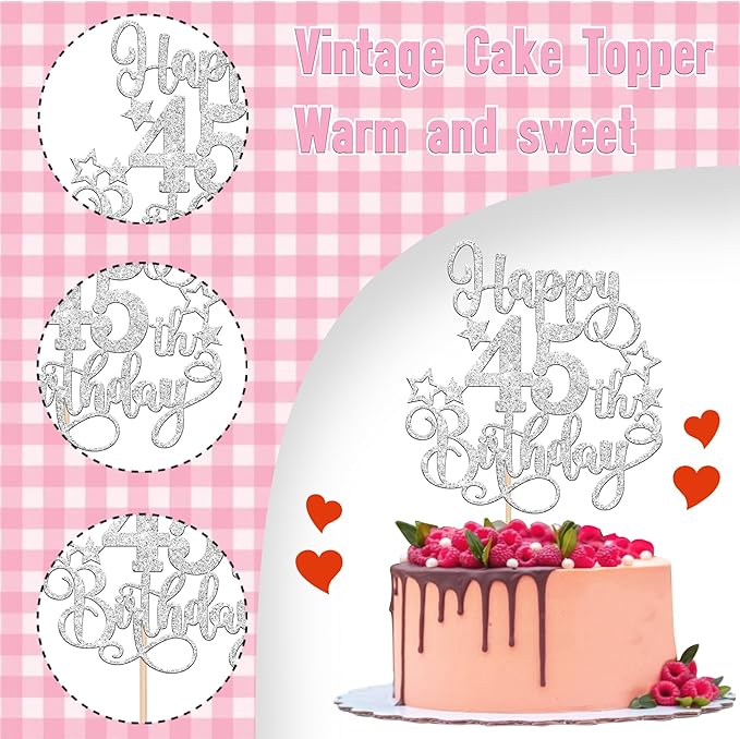 1 PCS Happy 45th Birthday Cake Topper Glitter Cheers to 45 Years Birthday Cake Pick Hello 45 Fabulous Cake Decoration for Happy 45th Birthday Anniversary Party Decorations Supplies silver