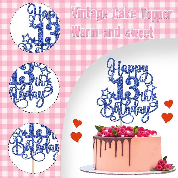 1 PCS Happy 13th Birthday Cake Topper Glitter Cheers to 13 Years Birthday Cake Pick Hello 13 Fabulous Cake Decoration for Happy 13th Birthday Anniversary Party Decorations Supplies Blue