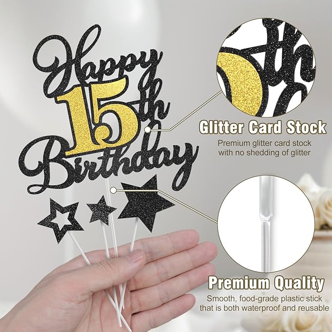 Happy 15th Birthday Cake Toppers, Black Gold Glitter Cake Decorations Set, 15th Birthday Decor for Boy Girl, Birthday Anniversary Party Decorations Supplies