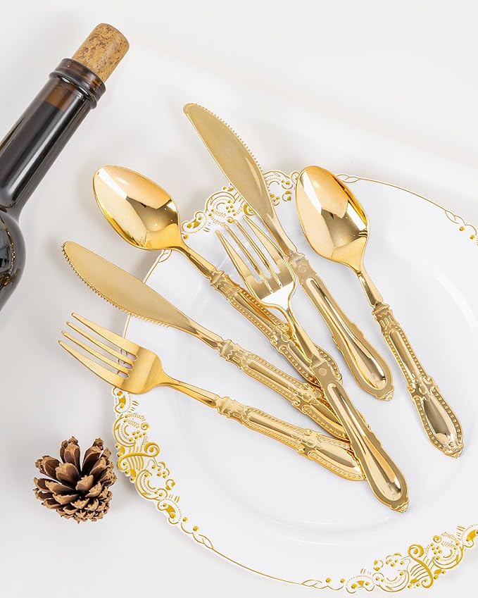 Nervure 300PCS Gold Plastic Silverware - Heavy Duty Disposable Cutlery Set,Luxury Gold Plastic Utensils include 100Pcs Forks, 100Pcs Spoons, 100pcs Knives Perfect for Wedding,Party,Daily Use