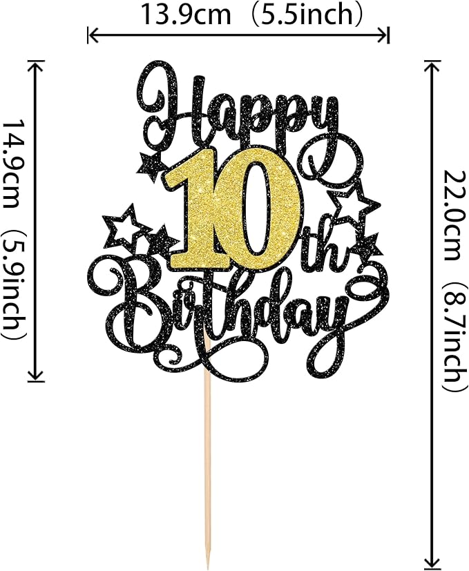 1 PCS Happy 10th Birthday Cake Topper Black Gold Glitter Cheers to 10 Years Birthday Cake Pick Hello 10 Fabulous Cake Decoration for Happy 10th Birthday Anniversary Party Decorations Supplies