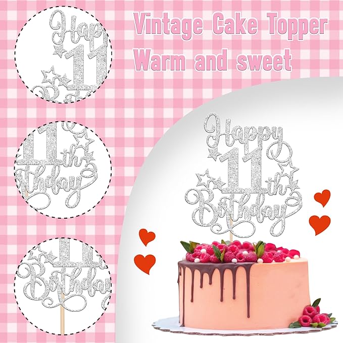 1 PCS Happy 11th Birthday Cake Topper Glitter Cheers to 11 Years Birthday Cake Pick Hello 11 Fabulous Cake Decoration for Happy 11th Birthday Anniversary Party Decorations Supplies silver
