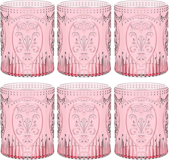 6 Plastic Vintage Drinking Glasses 8.5oz Stemless Retro Embossed Wine Glasses Shatterproof Reusable Cups for Baby Shower Wedding Reception Grand Event Party (Pink)