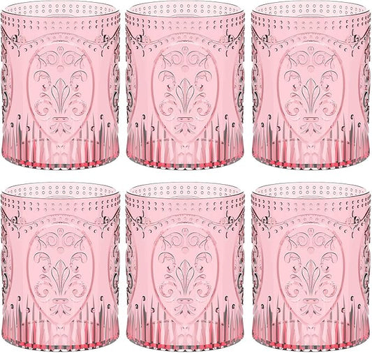 6 Plastic Vintage Drinking Glasses 8.5oz Stemless Retro Embossed Wine Glasses Shatterproof Reusable Cups for Baby Shower Wedding Reception Grand Event Party (Pink)