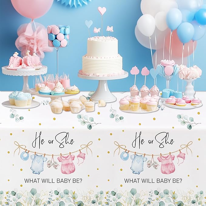 APOWBLS Gender Reveal Decorations Tablecloth, 3 Pack Disposable Greenery Baby Clothes Theme Boy or Girl Gender Reveal Baby Shower Party Supplies Table Cover, 55in x 86in