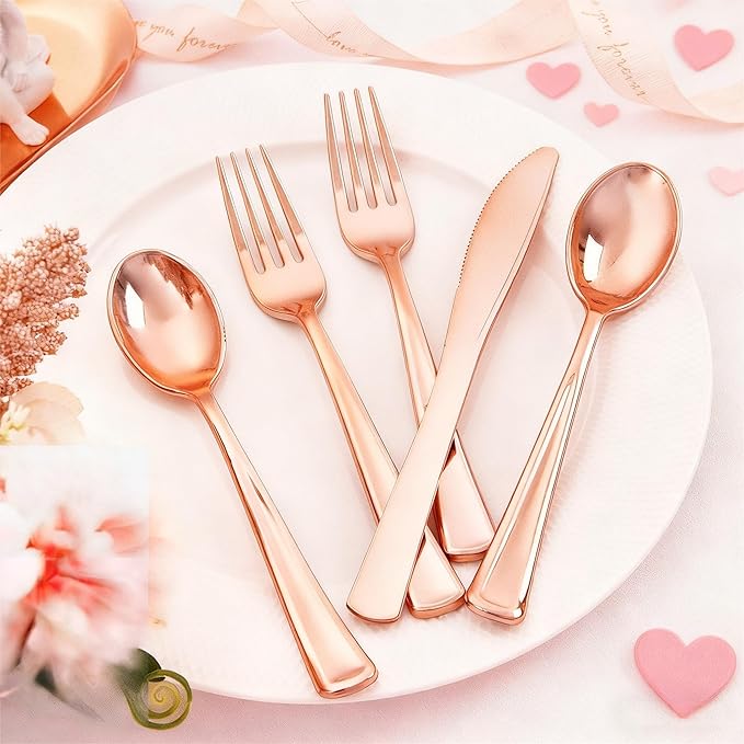 Liacere 100Pack Rose Gold Plastic Silverware - Pre Rolled Napkins with Rose Gold Cutlery - Wrapped Silverware Set Disposable100 Forks Knives Spoons Wrapped Utensils for Wedding＆Valentine's Day