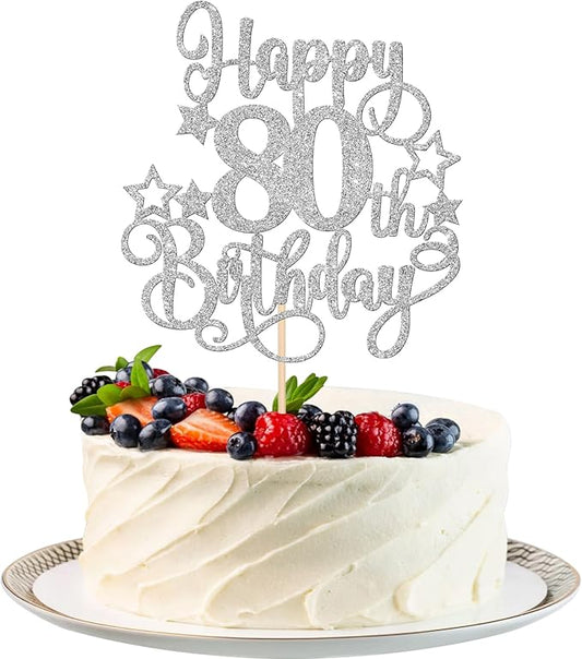 1 PCS Happy 80th Birthday Cake Topper Glitter Cheers to 80 Years Birthday Cake Pick Hello 80 Fabulous Cake Decoration for Happy 80th Birthday Anniversary Party Decorations Supplies Silver