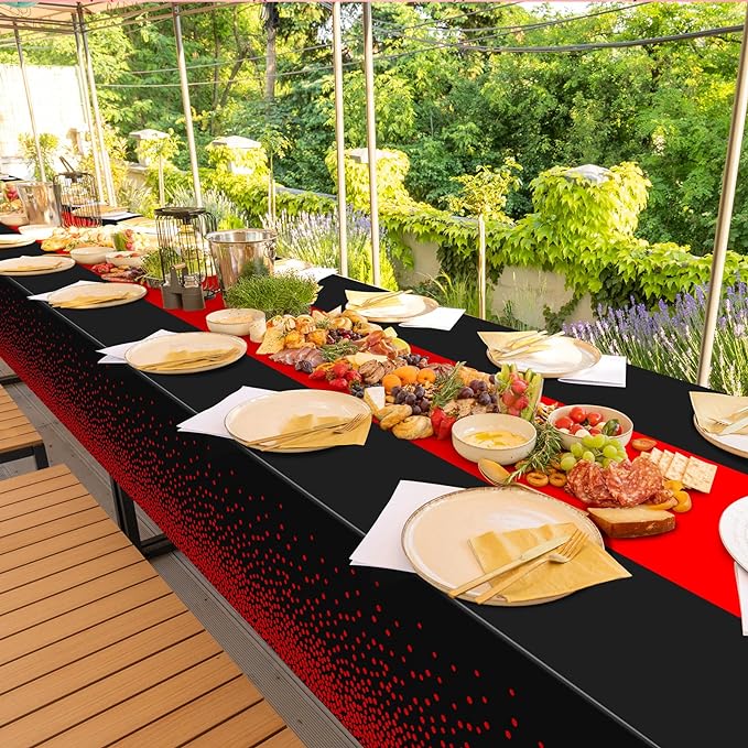 MASHAN 12Pcs Black and Red Tablecloth Party Decorations,Plastic Black Table Cloth Printed Red Table Runner Disposable Rectangle Cover for Birthday Weeding Anniversary Graduation Party,54 x108 Inch