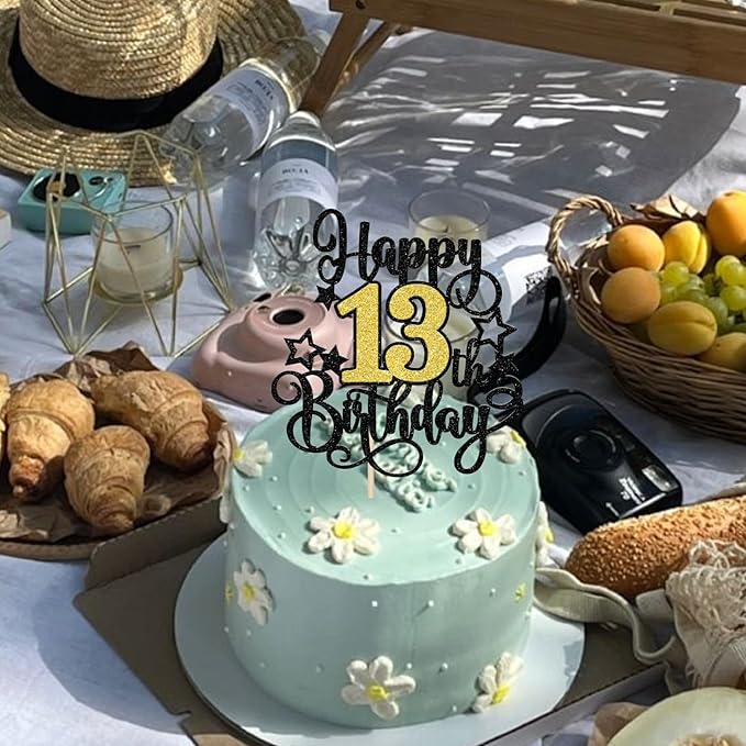 1 PCS Happy 13th Birthday Cake Topper Black Gold Glitter Cheers to 13 Years Birthday Cake Pick Hello 13 Fabulous Cake Decoration for Happy 13th Birthday Anniversary Party Decorations Supplies