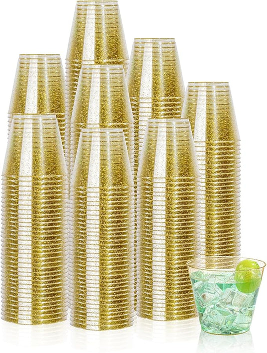 I00000 5oz 200 Pack Shot Glasses, Small Gold Glitter Disposable Plastic Cups,Plastic Party Cups for Vodka, Whiskey, Great Container for Sauce,Medicine and Pudding