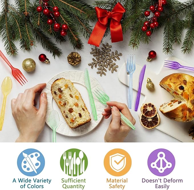 180Pcs Rainbow Red Green Yellow Blue Purple Plastic Silverware Heavy Duty Disposable Flatware Cutlery Set Includes Forks Spoons Knives for Rainbow-Themed Birthday Halloween Pride Party