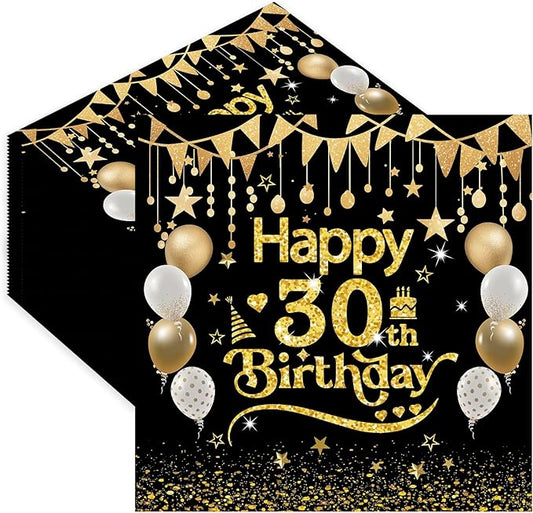 50pcs 30th Birthday Paper Napkins - 13 x 13 Inches Black and Gold Luncheon Napkins Cocktail Napkins Disposable Party Napkins Paper Beverage Napkins for Birthday Wedding Anniversary Decorations