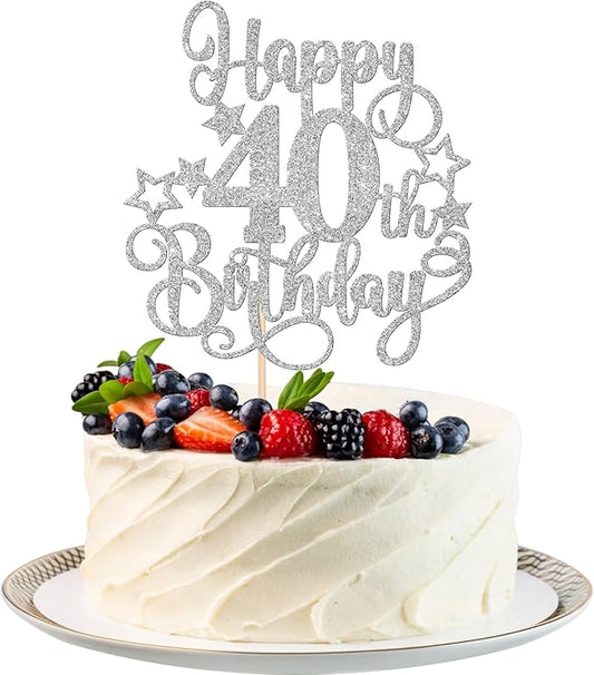 1 PCS Happy 40th Birthday Cake Topper Glitter Cheers to 40 Years Birthday Cake Pick Hello 40 Fabulous Cake Decoration for Happy 40th Birthday Anniversary Party Decorations Supplies Silver