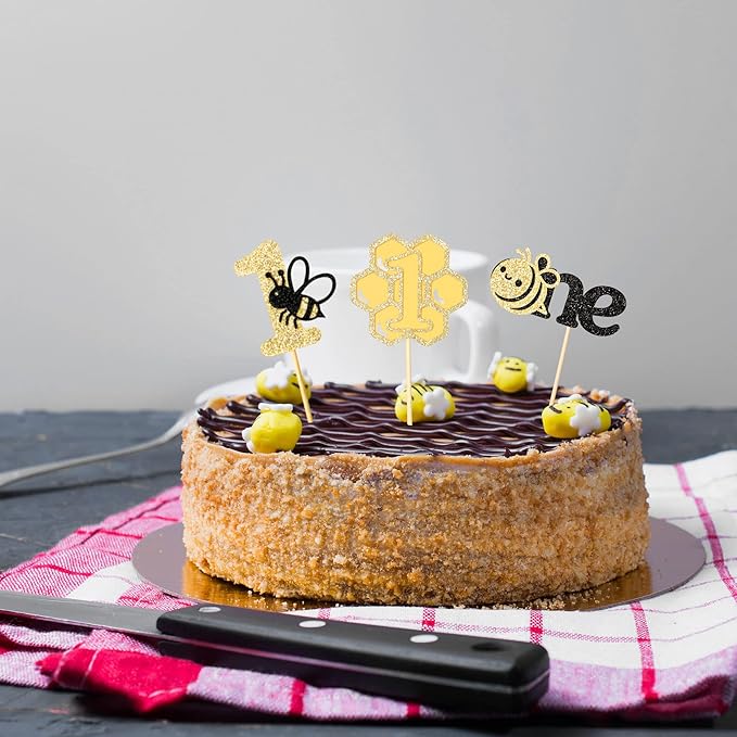 24Pcs Bumble Bee First Birthday Cupcake Toppers Gold Glitter Bee One Cupcake Picks First Birthday Cake Decorations for Baby Shower Kids 1st Birthday Party Supplies