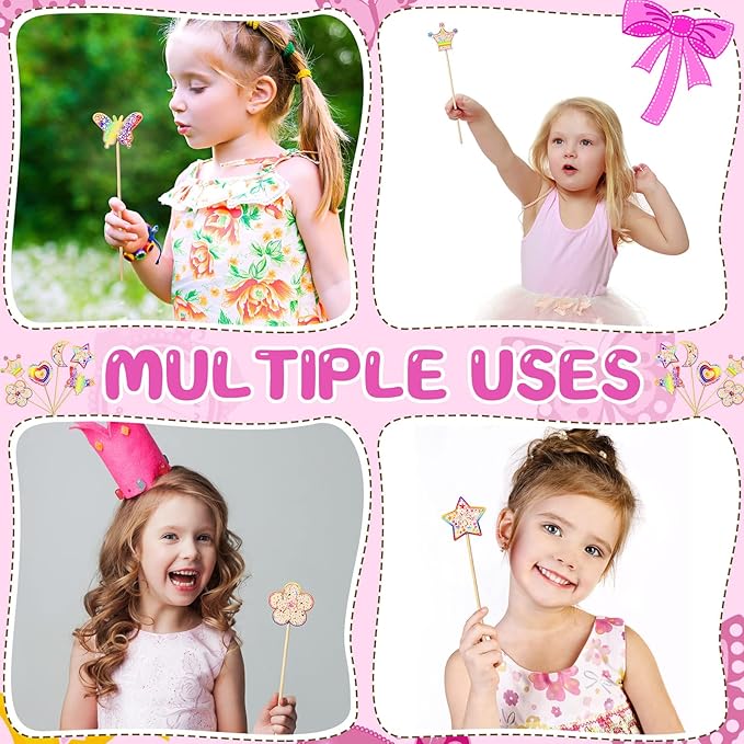 Cindeer 42 Pcs Princess Fairy Wands Kit, 36 Pcs Wooden Unfinished DIY Princess Wand with 6 Sheet Colorful Diamond Sticker for Girls Make Your Own Wand, Cosplay Costume Party Favor(Wood Color)