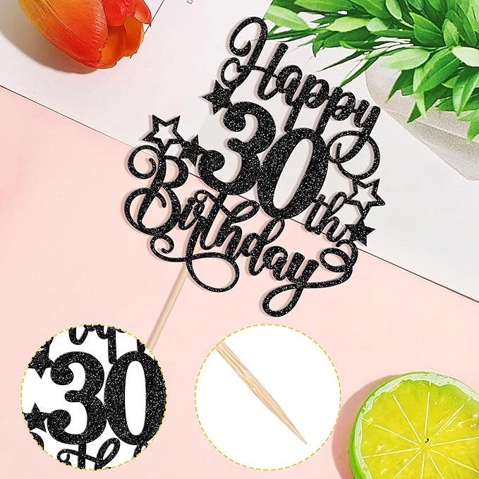 1 PCS Happy 30th Birthday Cake Topper Glitter Cheers to 30 Years Birthday Cake Pick Hello 30 Fabulous Cake Decoration for Happy 30th Birthday Anniversary Party Decorations Supplies Black
