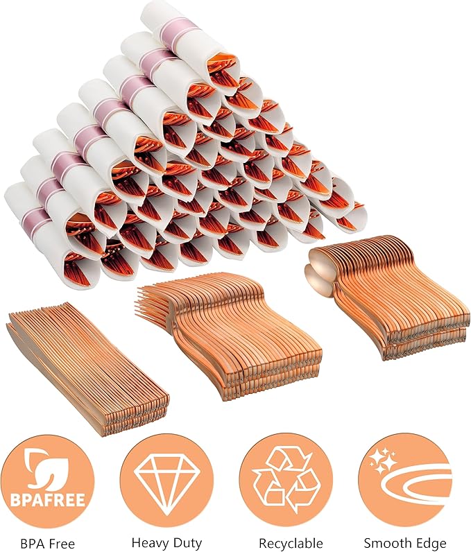 100 Pack Pre Rolled Rose Gold Plastic Silverware Set with Napkins,Disposable Wrapped Heavy Duty Cutlery Set for Wedding Birthday Party-100 Forks,Knives,Spoons,Utensils Set,Plasticware Bulk