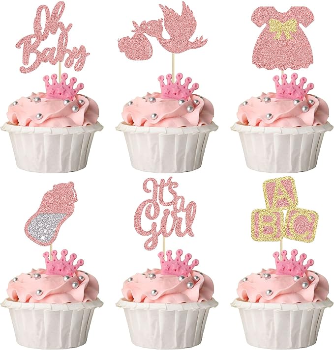 24Pcs Baby Shower Oh Baby Cupcake Toppers Rose Gold Glitter Bow Dress Bottle Swan It's a Girl Cake Picks Decorations for Baby Shower Gender Reveal Girls Birthday Party Supplies