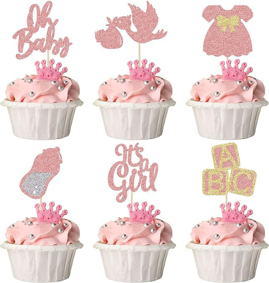 24Pcs Baby Shower Oh Baby Cupcake Toppers Rose Gold Glitter Bow Dress Bottle Swan It's a Girl Cake Picks Decorations for Baby Shower Gender Reveal Girls Birthday Party Supplies