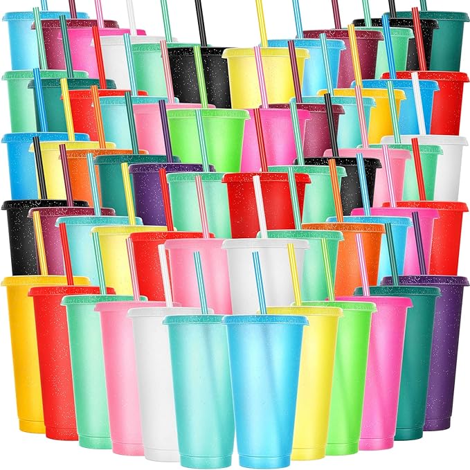 Honeydak 60 Pack Tumbler with Straw and Lid Bulk Cups for Gifts Glitter Plastic Coffee Cups 24-27 oz Reusable Water Bottle Iced Coffee Travel Mug Party Favors for Birthdays Travel (Assorted Color)