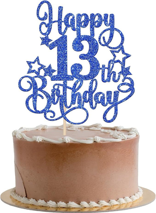 1 PCS Happy 13th Birthday Cake Topper Glitter Cheers to 13 Years Birthday Cake Pick Hello 13 Fabulous Cake Decoration for Happy 13th Birthday Anniversary Party Decorations Supplies Blue