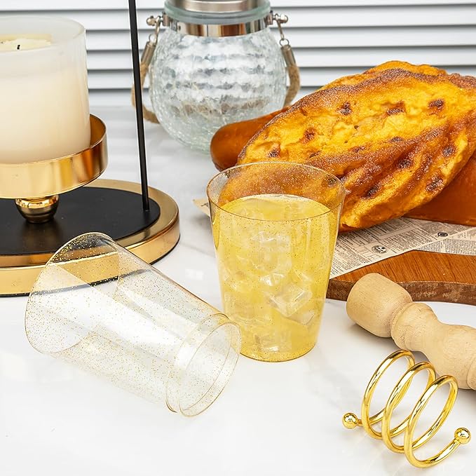 I00000 100 Pack 10oz Gold Plastic Cups, Premium Disposable Gold Glitter Plastic Cups for Martini and Cocktail,Hard Clear Cup with Gold Glitter Perfect for Fancy Wedding and Elegant Party