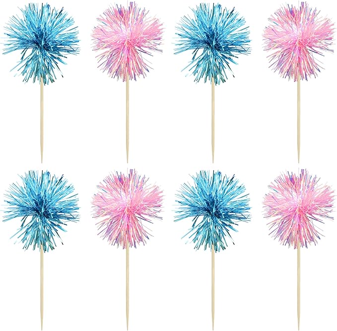 Gyufise 30Pcs Foil Firework Cupcake Toppers Sparkle Tinsel Cake Toppers Tinsel Drink Cake Decoration Cocktail Picks for Birthday Wedding Graduation Party Supplies Light Blue Pink