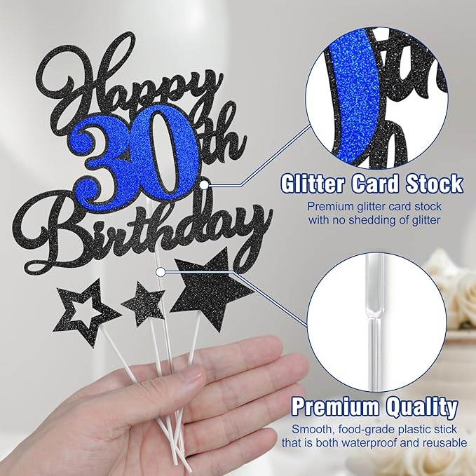 Happy 30th Birthday Cake Toppers, Black Blue Glitter Cake Decorations Set, 30th Birthday Decor, Birthday Anniversary Party Decorations Supplies