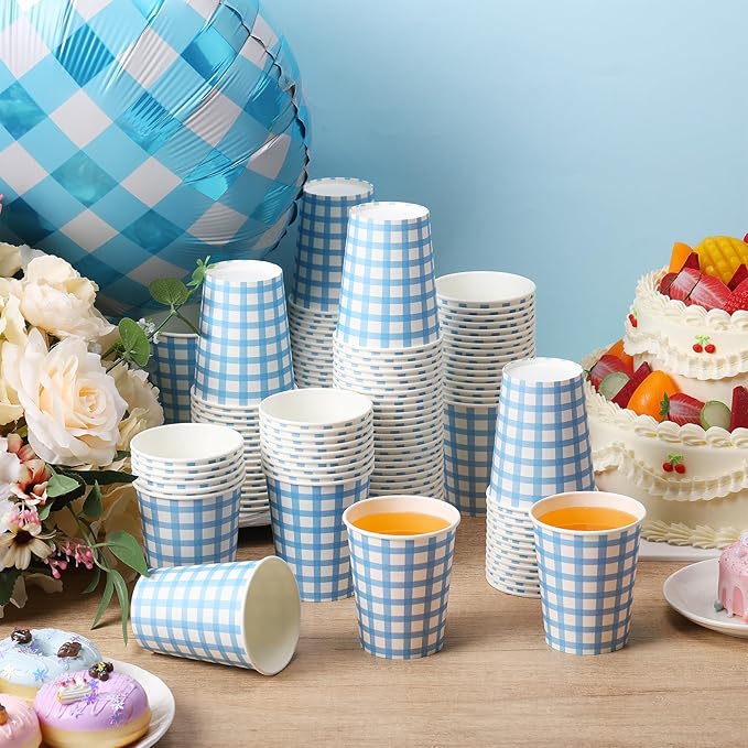 Honeydak 150 Pcs 9 oz Gingham Paper Drinking Cups Checkered Party Disposable Plaid Paper Cups Supplies for Wedding Birthday Fiesta Party Baby Shower Picnic(Blue)