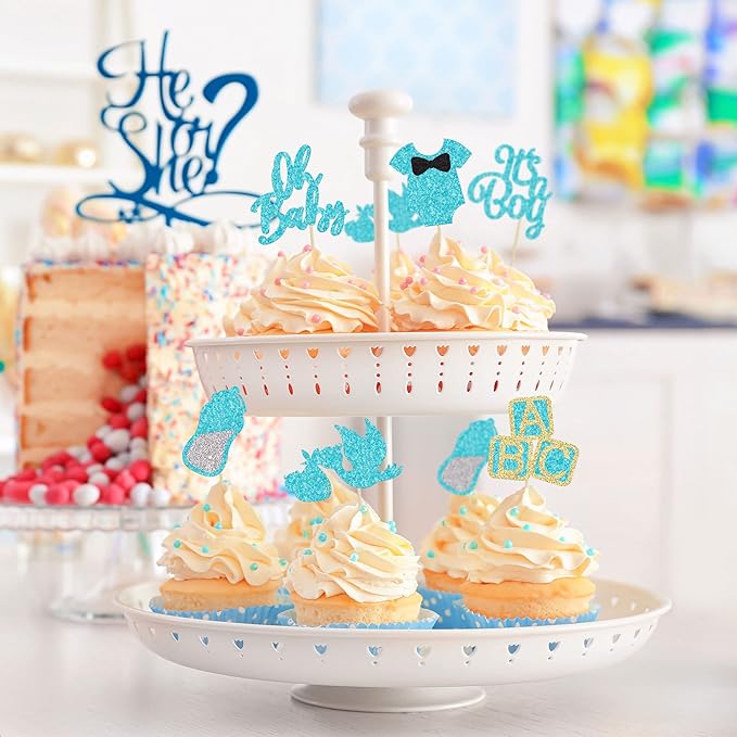 24Pcs Oh Baby Cupcake Toppers Blue Glitter It's a Boy Cupake Toppers with Swan Onesie Bottle Baby Shower Gender Reveal Cupcake Picks Decorations for Kids Boys Birthday Party Cake Decorations Supplies