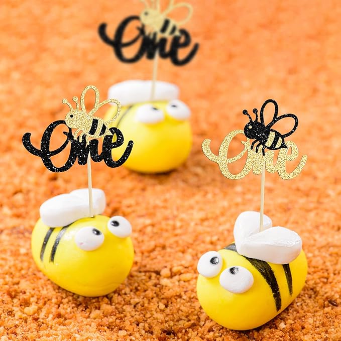 24Pcs Bumble Bee One Cupcake Toppers Glitter 1st Birthday Party Cupcake Picks Decorations for Bee Theme Baby Shower Kids First Birthday Party Supplies