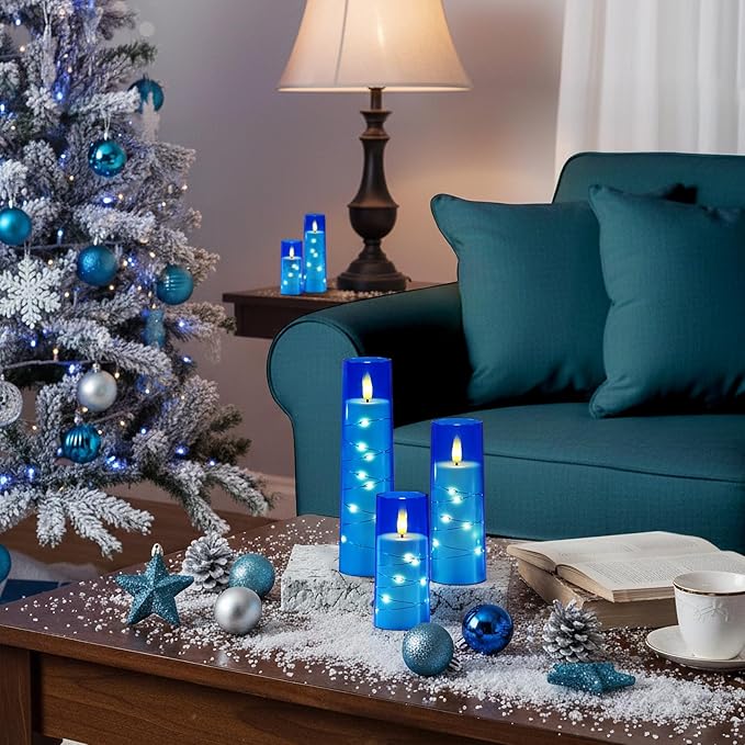 Raycare Flameless Candle with Remote Timer – 5 Flickering Acrylic Battery Operated LED Pillar Candles with Embedded Star String for Christmas, Home Decor, and as a Gift(Blue)