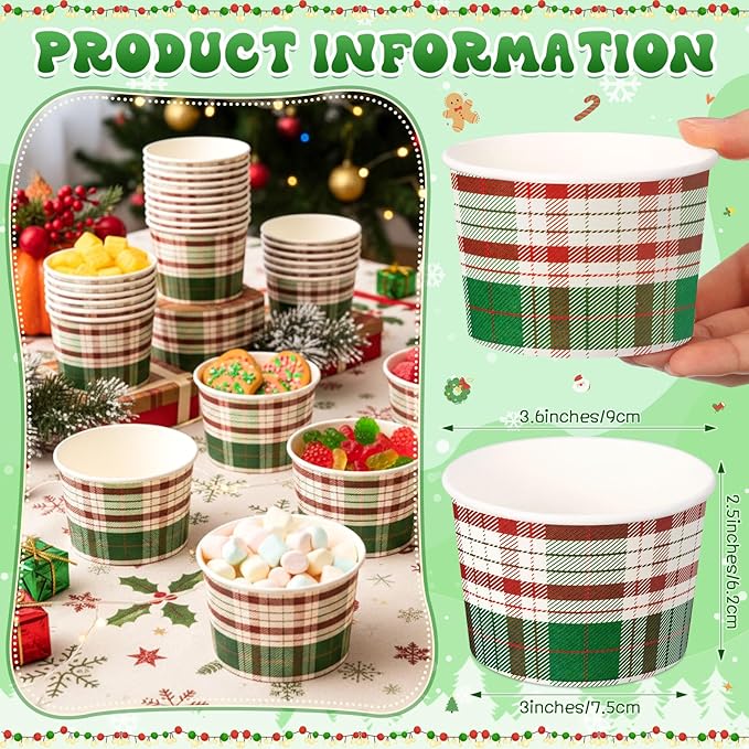50 Pack 9 oz Christmas Soup Bowls Disposable Paper Cups Winter Themed Disposable Dessert Bowls Green White Plaid Paper Snack Cups for Hot and Cold Food Christmas Party Supplies