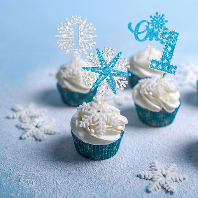 24Pcs One Snowflake Cupcake Toppers Blue Glitter Winter Snowflake 1st Birthday Cupcake Picks First Birthday Cake Decorations for Winter Wonderland Kids 1st Birthday Party Supplies