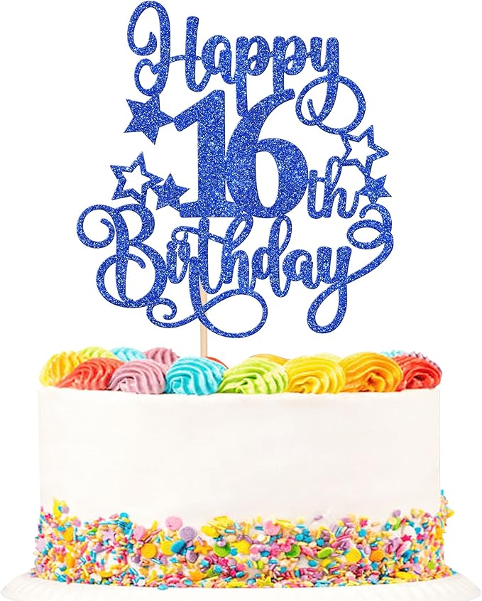 1 PCS Happy 16th Birthday Cake Topper Glitter Cheers to 16 Years Birthday Cake Pick Hello 16 Fabulous Cake Decoration for Happy 16th Birthday Anniversary Party Decorations Supplies Blue