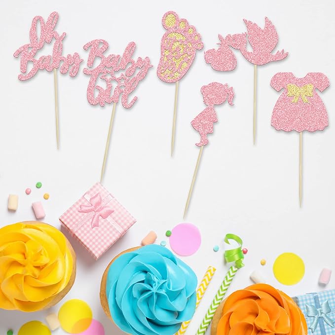 24Pcs Baby Shower Oh Baby Cupcake Toppers with Bow Dress Footprint Swan Pink Glitter Baby Girl Cake Picks Decorations for Baby Shower Gender Reveal Its a Girl Birthday Party Supplies